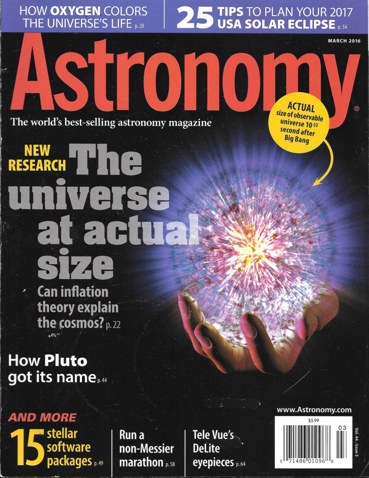 Astronomy March 2016 Oxygen Solar eclipse Universe Size Inflation Theory Cosmos