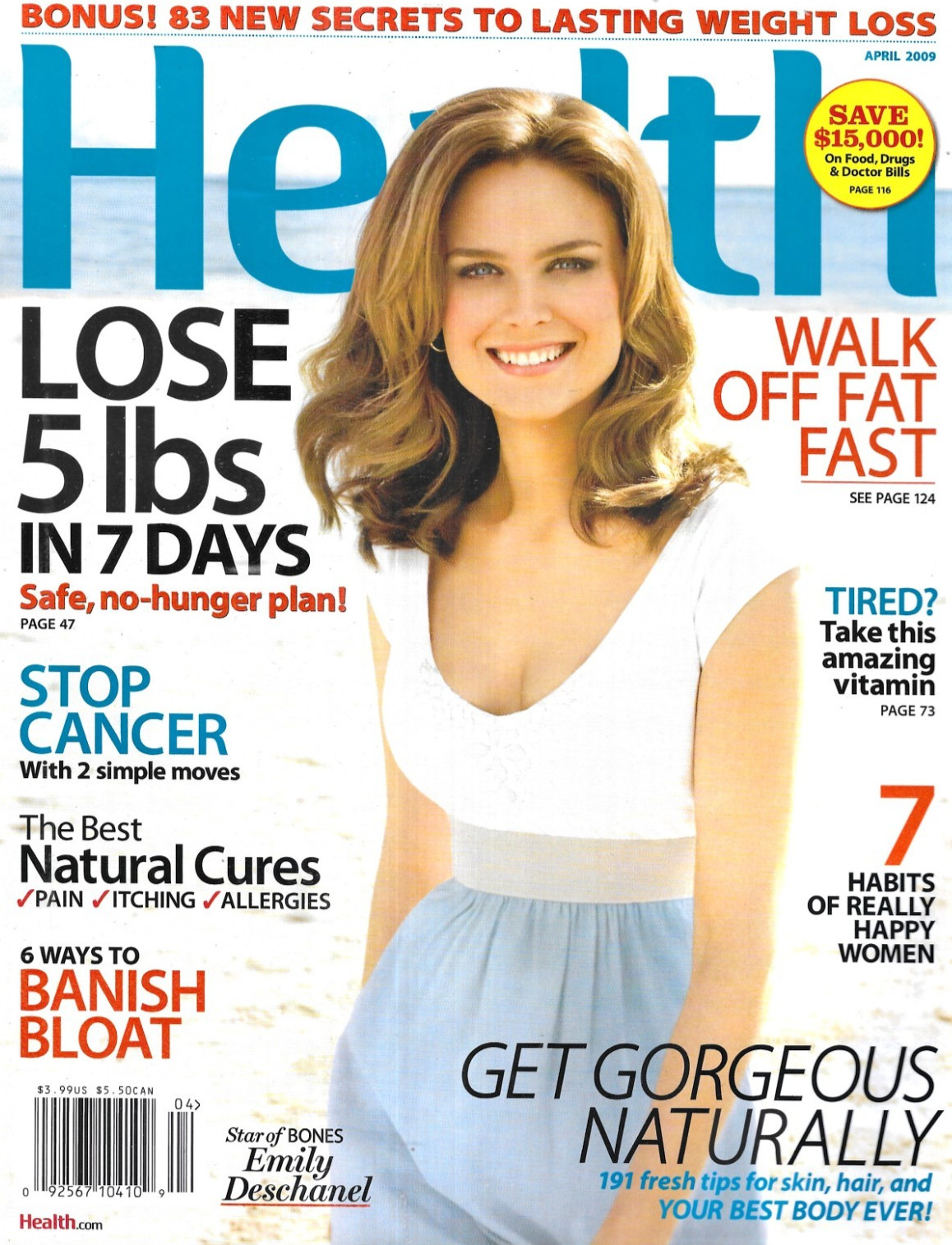 Health Magazine Emily Deschanel Weight Loss Best Natural Cures Skin Care 2009