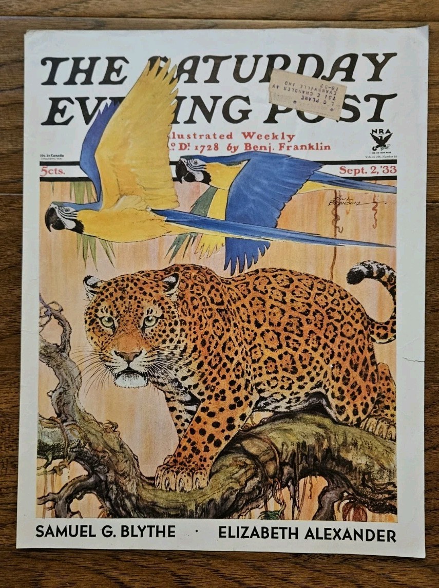 Saturday Evening Post September 2 1933 Charles Livingston Bull, Macaw Leopard VG