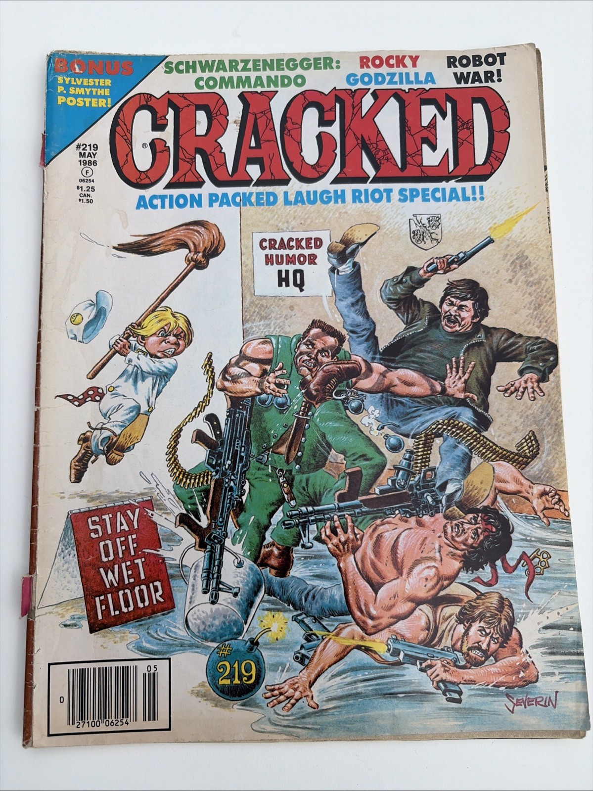 CRACKED MAGAZINE #219, MAY 1986, SEVERIN COVER ART, SCHWARZENEGGER, ROCKY!