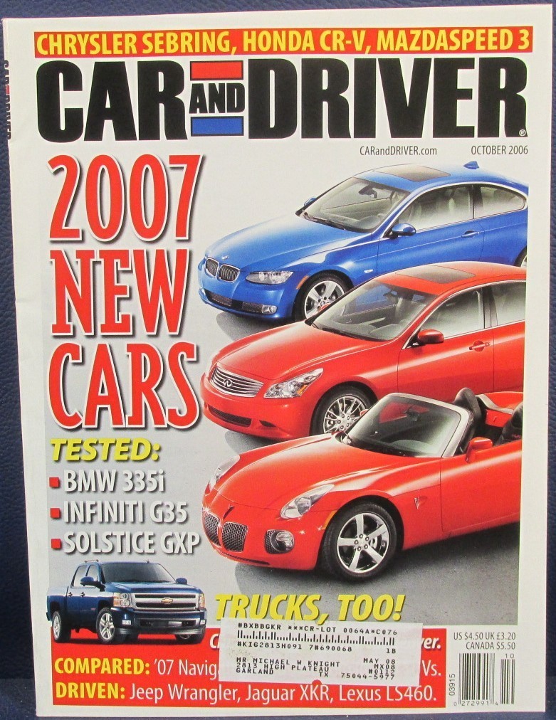 Car and Driver Magazine Oct 2006 New Cars Solstice GXP Avalanche LT Santa Fe