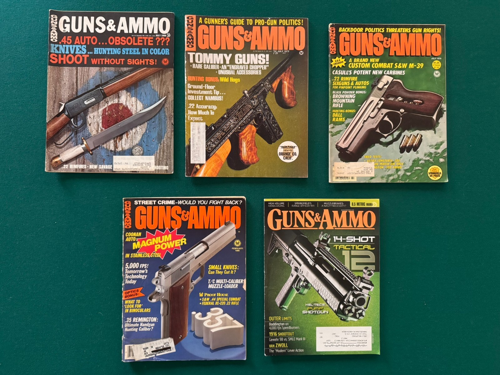 Vintage Guns & Ammo Magazine Lot (5) ~ 1968+, AK, MK760, FAL, AR, UZI, FN, COLT