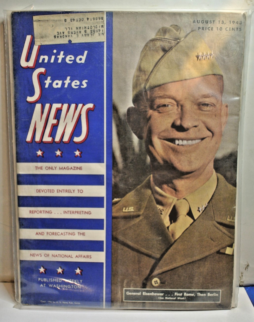 UNITED STATES NEWS MAGAZINE AUGUST 13, 1943 – GEN. EISENHOWER COVER PHOTO