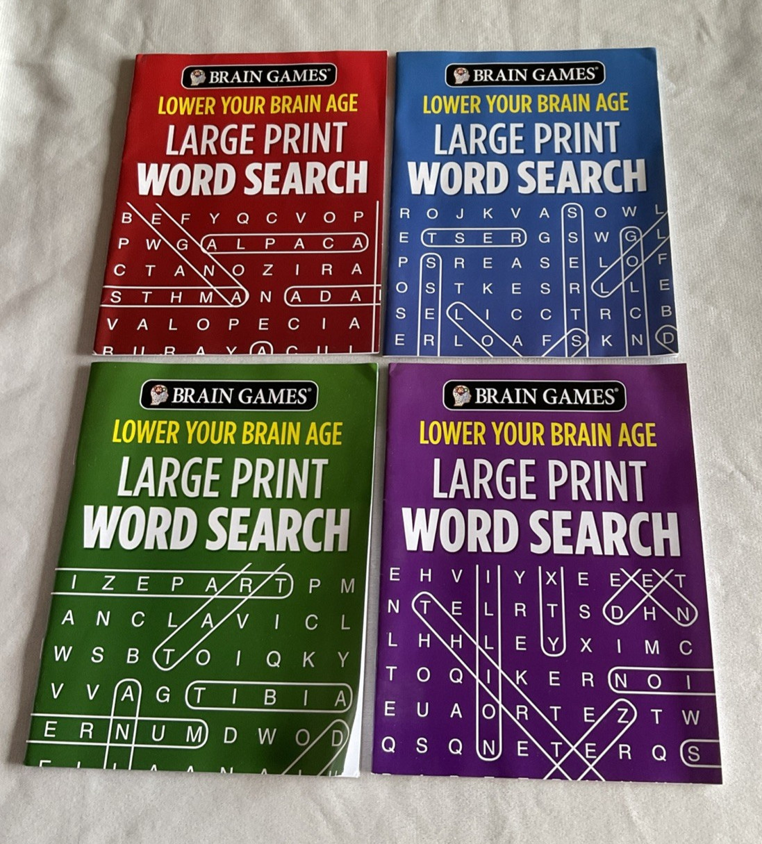 Lot of (4) Brain Games Lower Your Brain Age Large Print Word Search Seek Puzzle