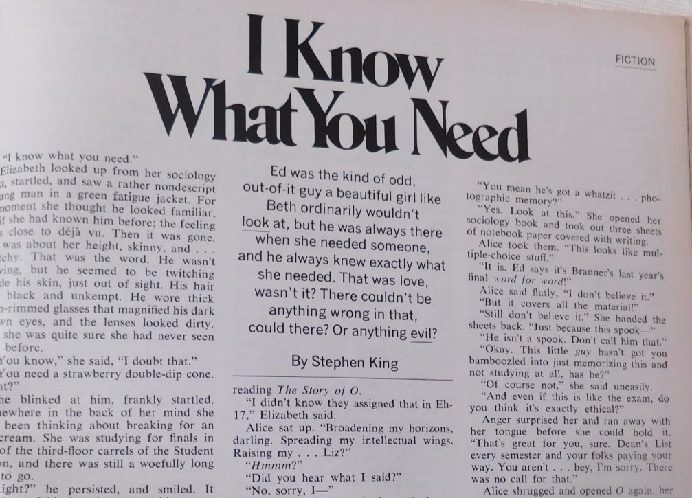 COSMOPOLITAN Magazine 1976 September Stephen King story «I KNOW WHAT YOU NEED»