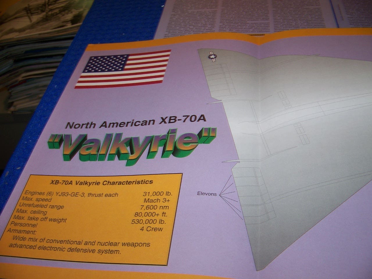 N.A. XB-70 VALKYRIE..HISTORY/4-PAGE POSTER/3-VIEWS/SPECS/HISTORY (474QQ)