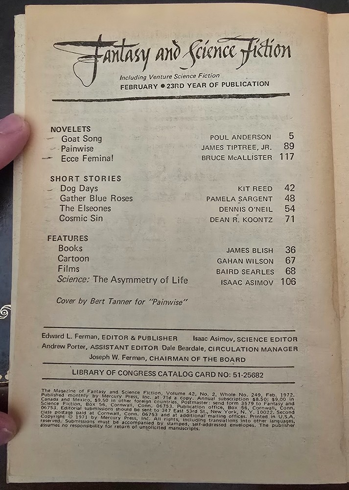 Fantasy & Science Fiction – February, 1972 Issue – Tiptree, Anderson, Koontz c1