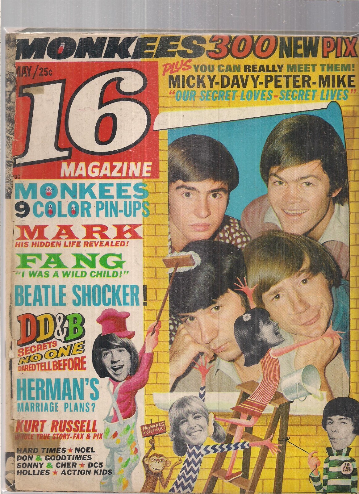 16 Magazine May 1967 The Monkees Kurt Russell Beatles Cher ~ Loose Cover