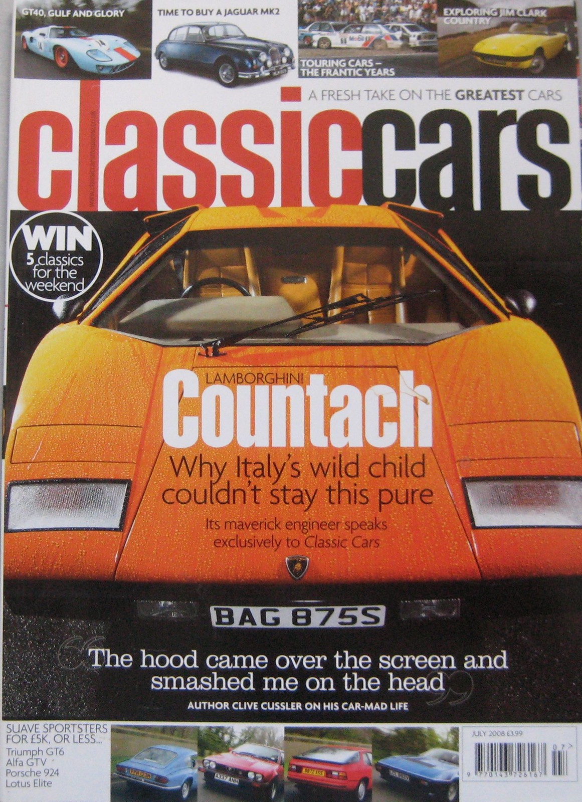 Classic Cars July 2008 featuring Lamborghini, Ford, Triumph, Lotus, Alfa Romeo