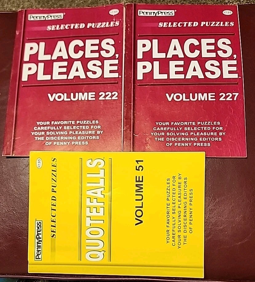 Lot of 3 Penny Press Puzzle Books PLACES PLEASE Vols 222/227 & QUOTEFALLS Vol 51