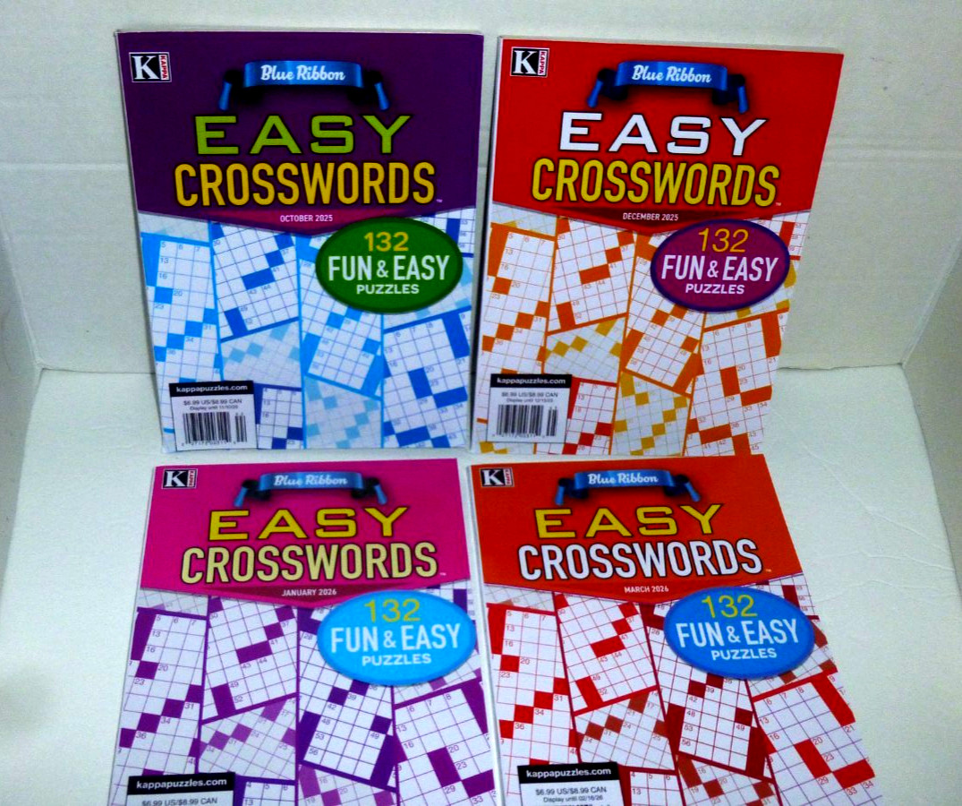 Lot of 4 Kappa Blue Ribbon Easy Crossword Puzzle Books-Brand New!!