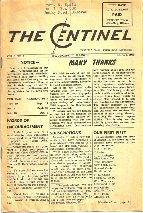 THE CENTINEL CENTRY COIN CLUB NEWS VOL 1 ISSUES 1,2,3 1959 ILLINOIS NUMISMATIC