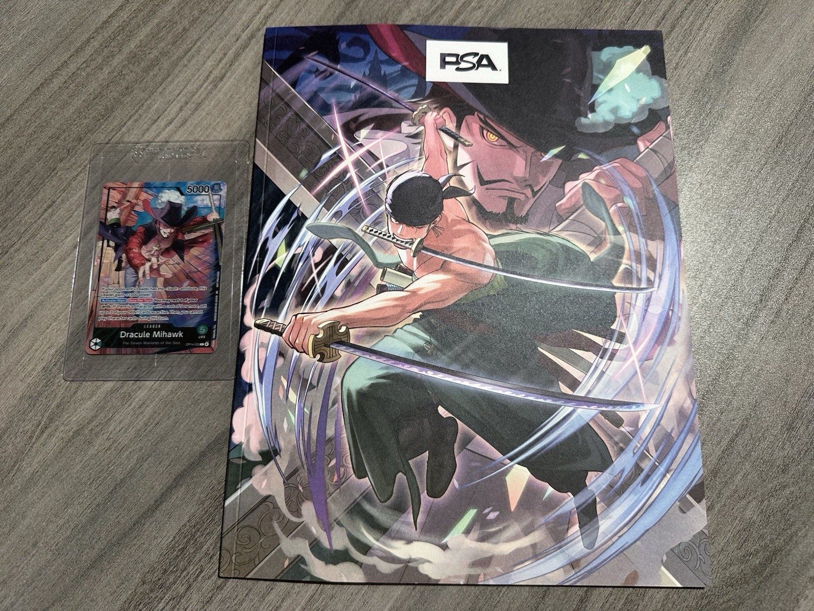 One Piece Dracule Mihawk Leader Card OP14-020 & Magazine PSA Magazine Promo