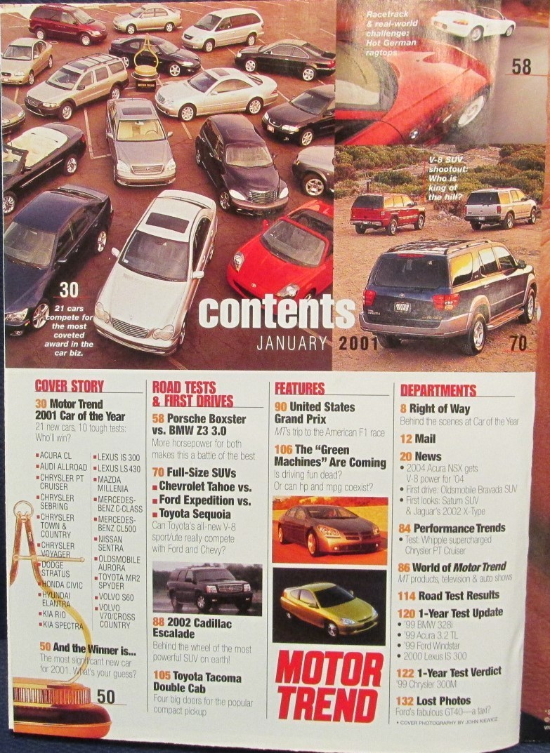 Motor Trend Magazine Jan 2001 Car ofthe Year Cadillac Escalade Tacoma Double Cab