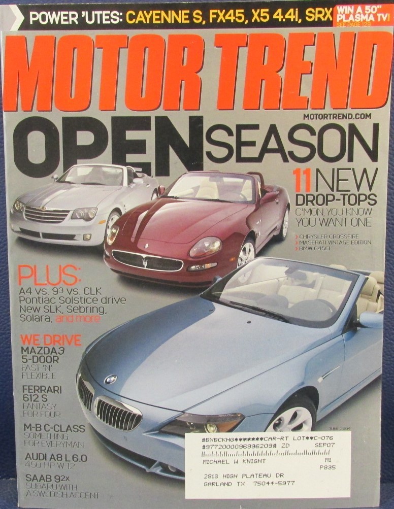 Motor Trend Magazine June 2004 Maserati BMW M-B CLK SLK350 Ferrari 612