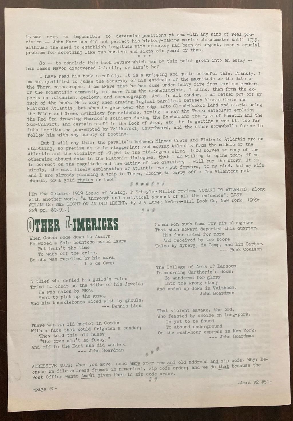 AMRA Volume II Number 51 November 1969 Fanzine L. Sprague de Camp, Fritz Leiber