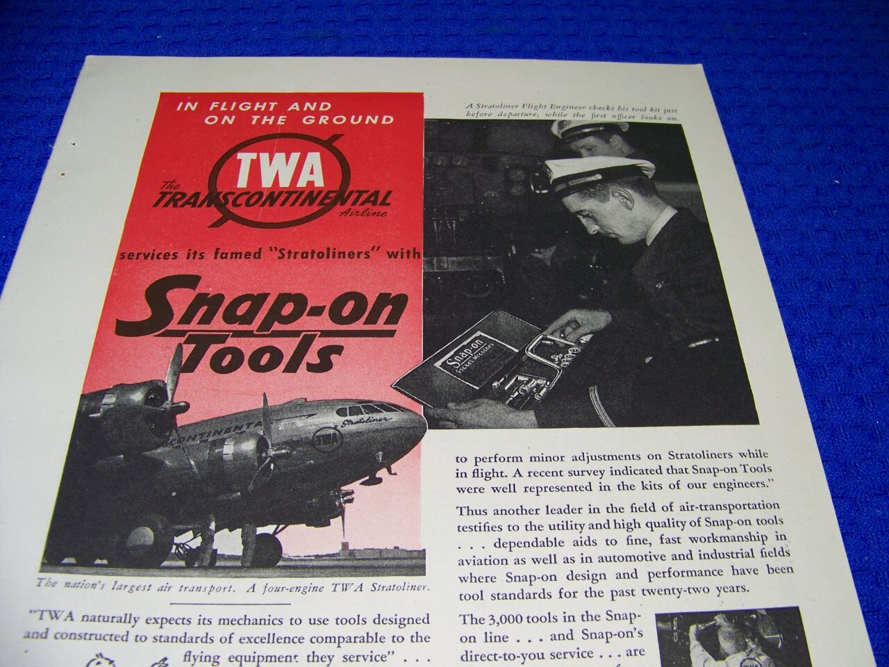 1942 SNAP-ON TOOLS «STRATOLINERS TWA AIRLINES»..1-PAGE ORIGINAL SALES AD (789FF)