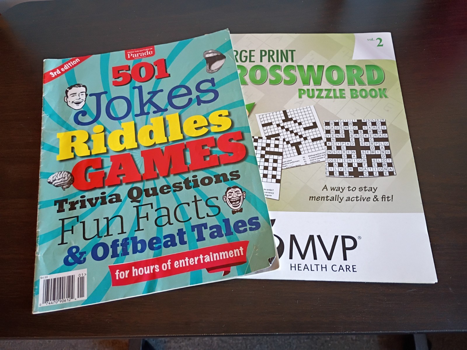 PUZZLE BOOK LOT -2 PUZZLE BOOKS – LARGE PRINT CROSSWORDS + JOKES, GAMES, RIDDLES