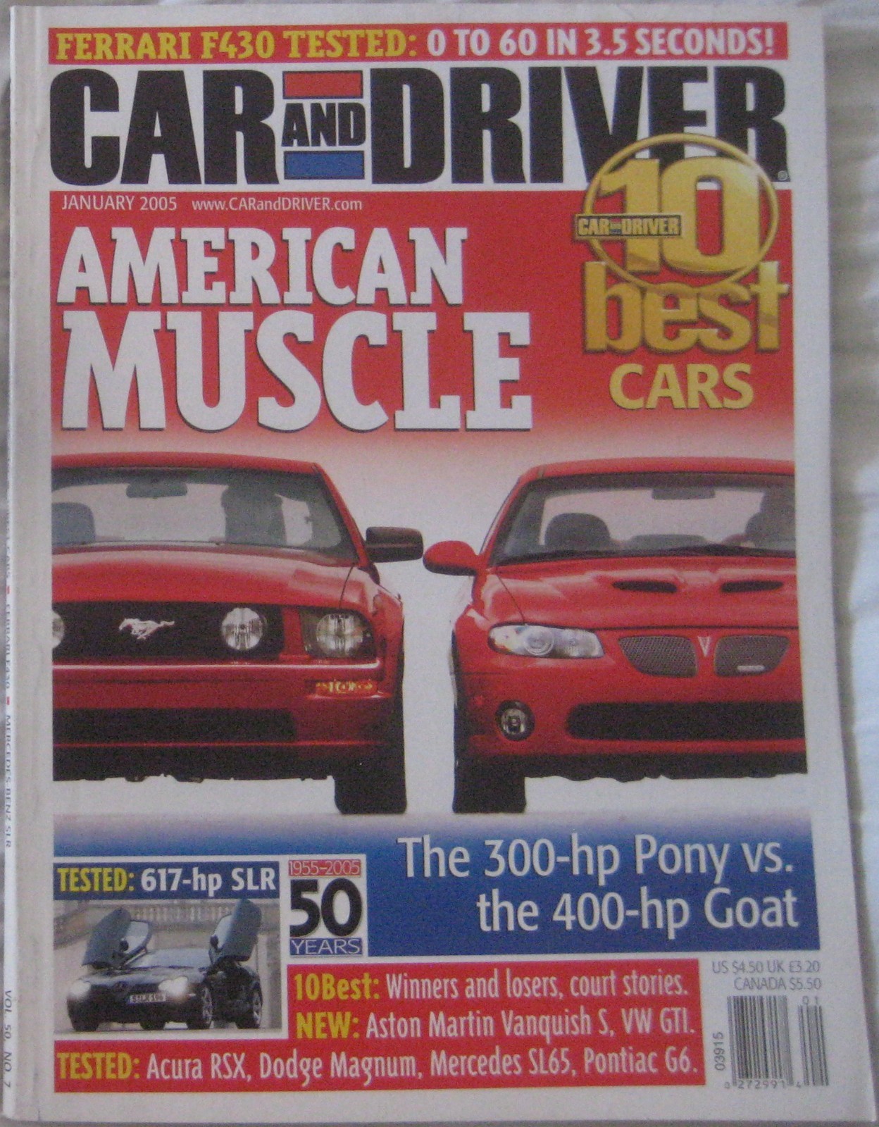 Car and Driver 01/2005 featuring Ferrari, Ford, Pontiac, McLaren Mercedes SLR