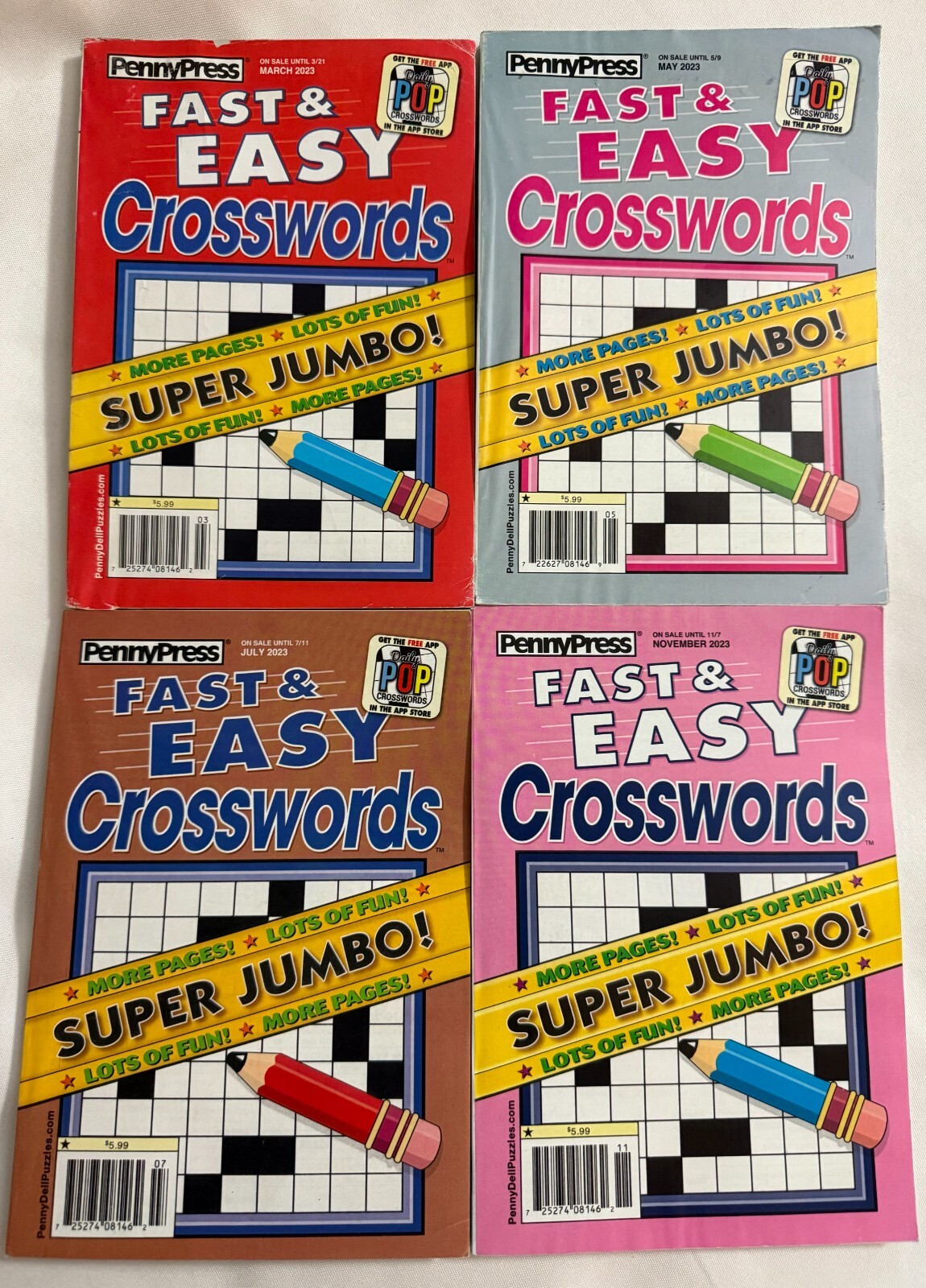 Lot (4) Fast & Easy Crosswords Super Jumbo Puzzle Books March,May,July,Nov 2023