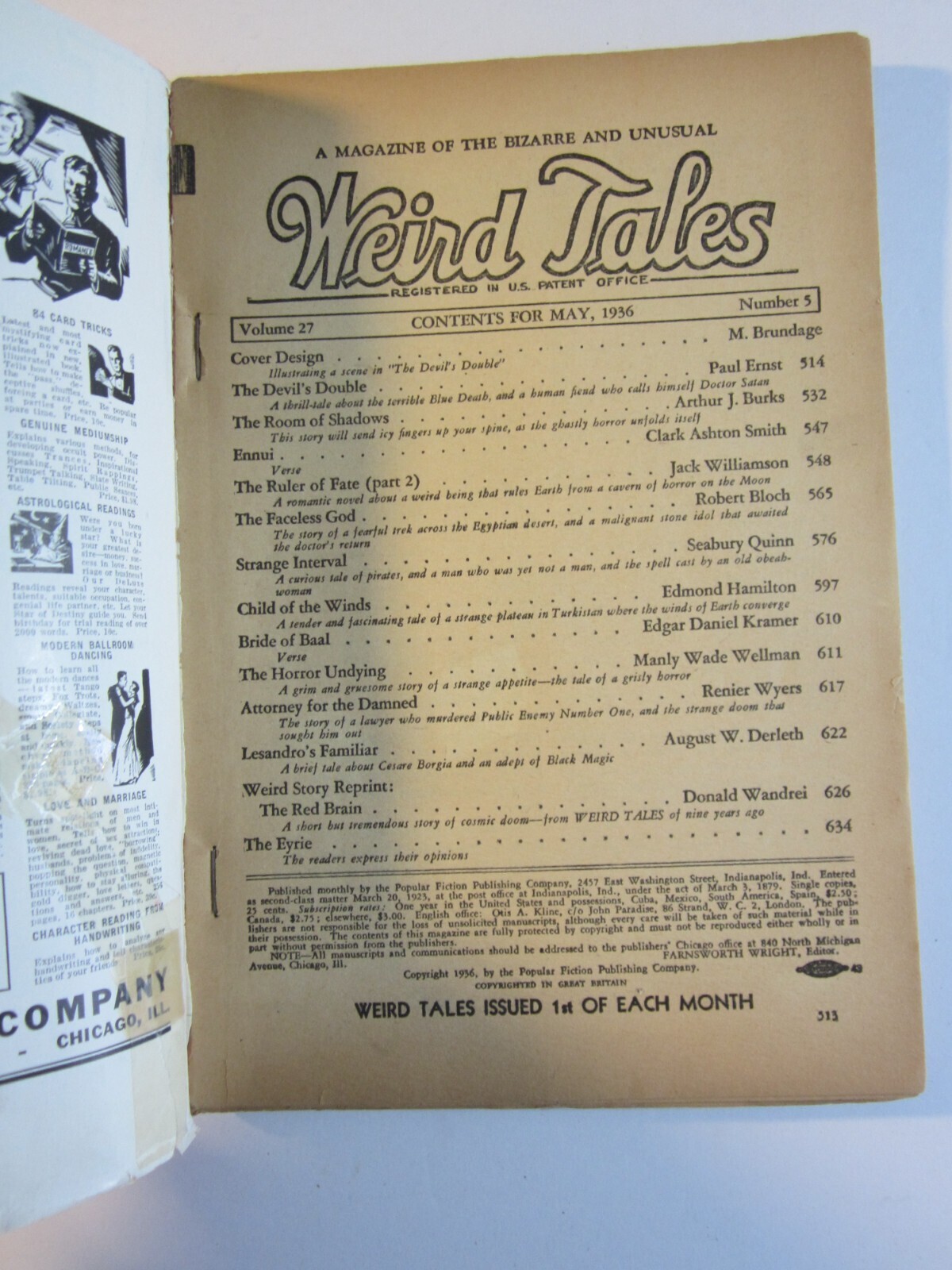 Weird Tales Pulp Vol. 27 #5, May, 1936 VG+ Brundage Dr. Satan Cover