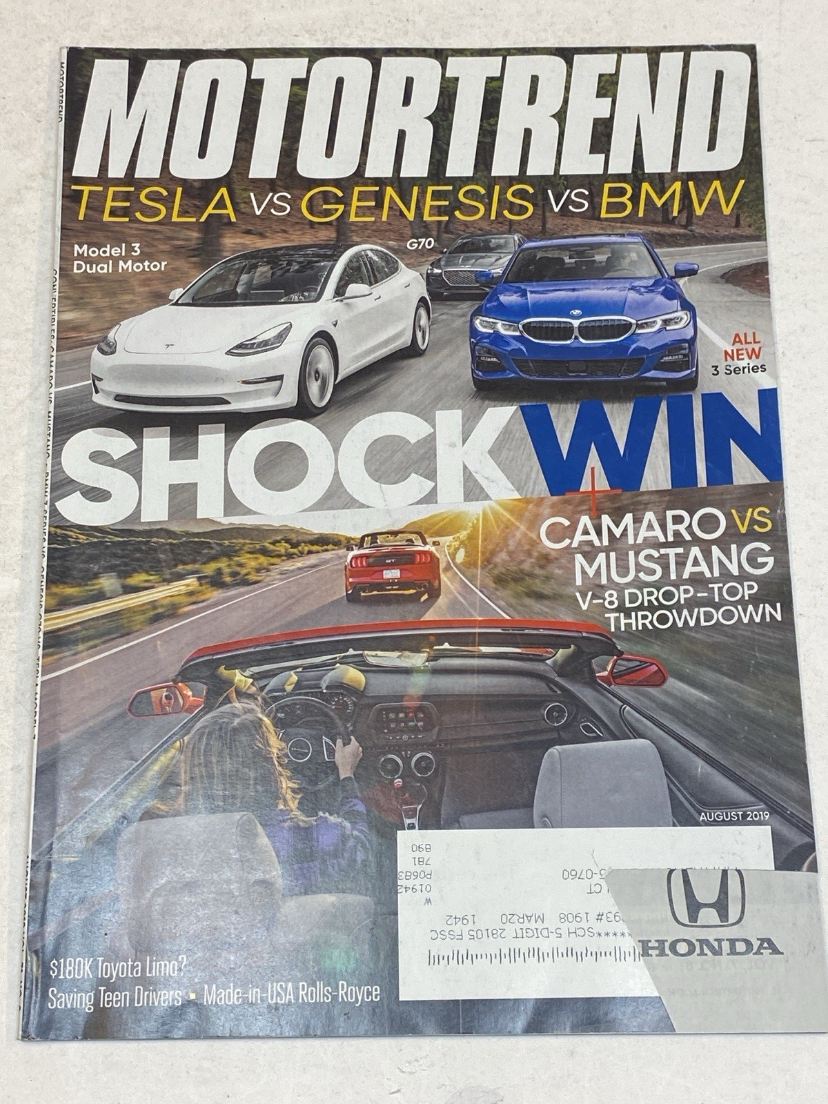 Motor Trend Magazine Aug 2019 Cars Tesla Genesis BMW Camaro Mustang Toyota Limo