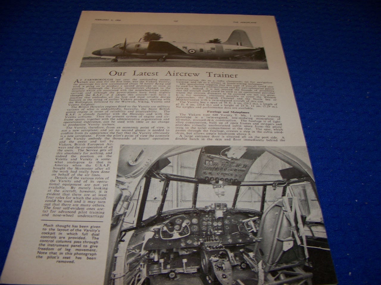 1950: VICKERS VARSITY «AIRCREW TRAINER»..2-PAGE CUTAWAY/COCKPIT/PHOTOS (414SS)