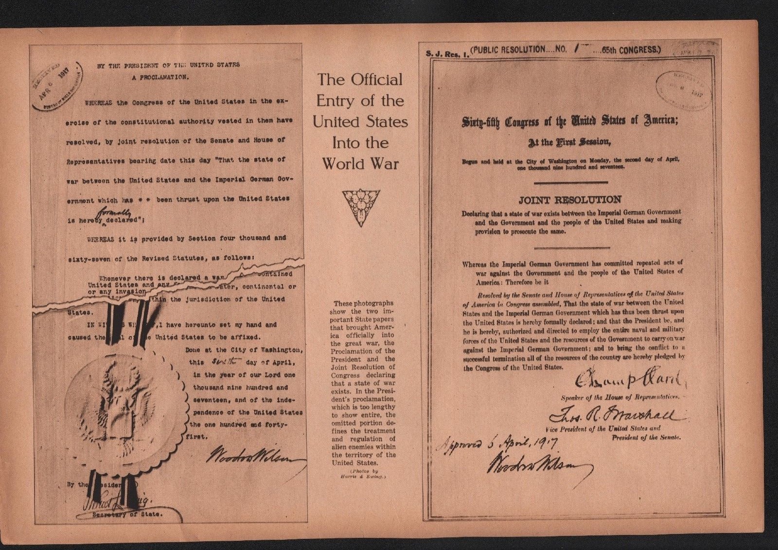 WWI Proclamation US Declaration Entry of War 1917 Joint Resolution 65th Congress