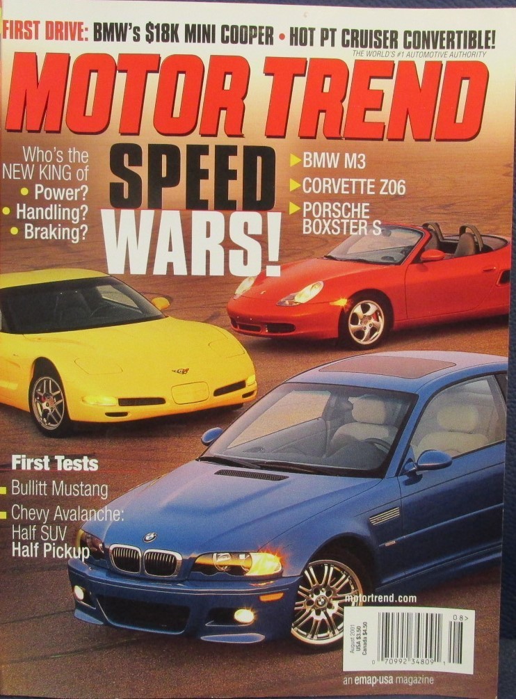 Motor Trend Magazine Aug 2001 BMW M3 Corvette Z06 Porsche Boxster S Mini Cooper