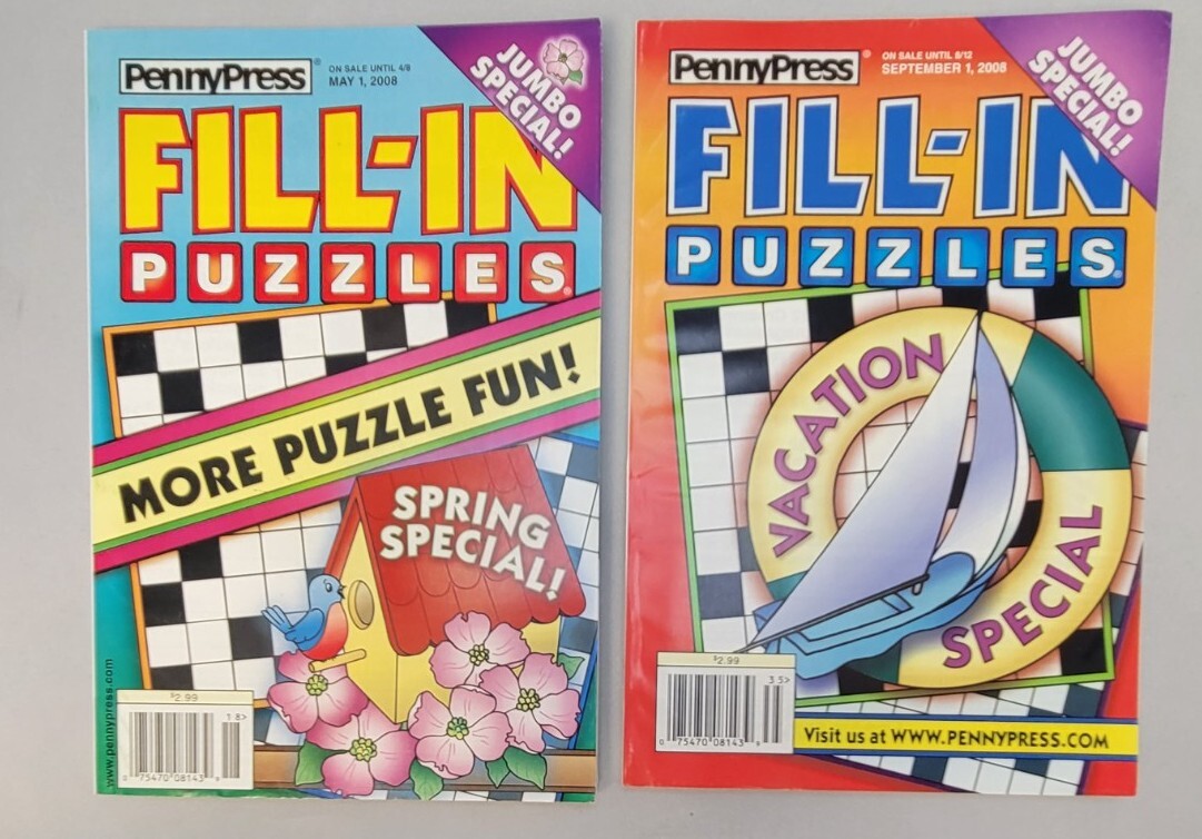 Lot of 2 Penny Press Fill-In Puzzle Books SPRING SPECIAL 5/2008, VACATION 9/2008