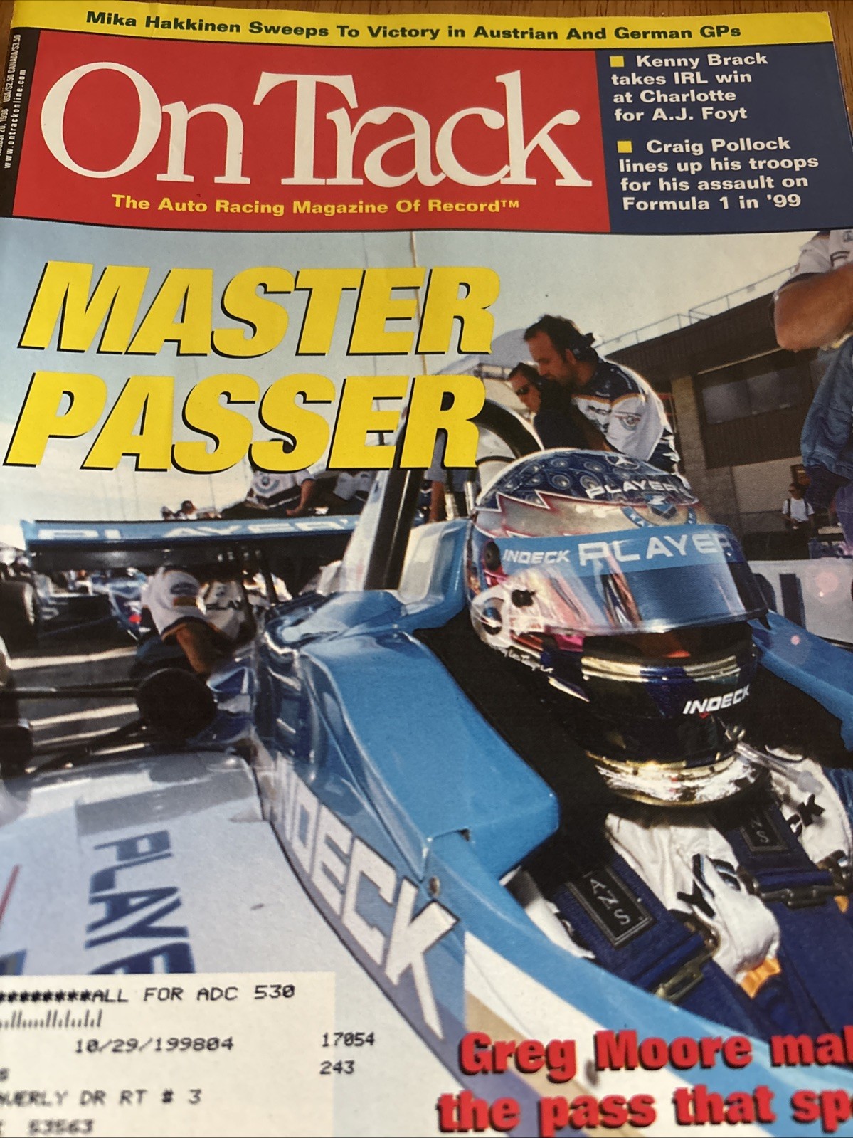 On Track Auto Racing Mag Aug 20, 98 V18 N16 Formula 1 Indy IMSA Greg Moore